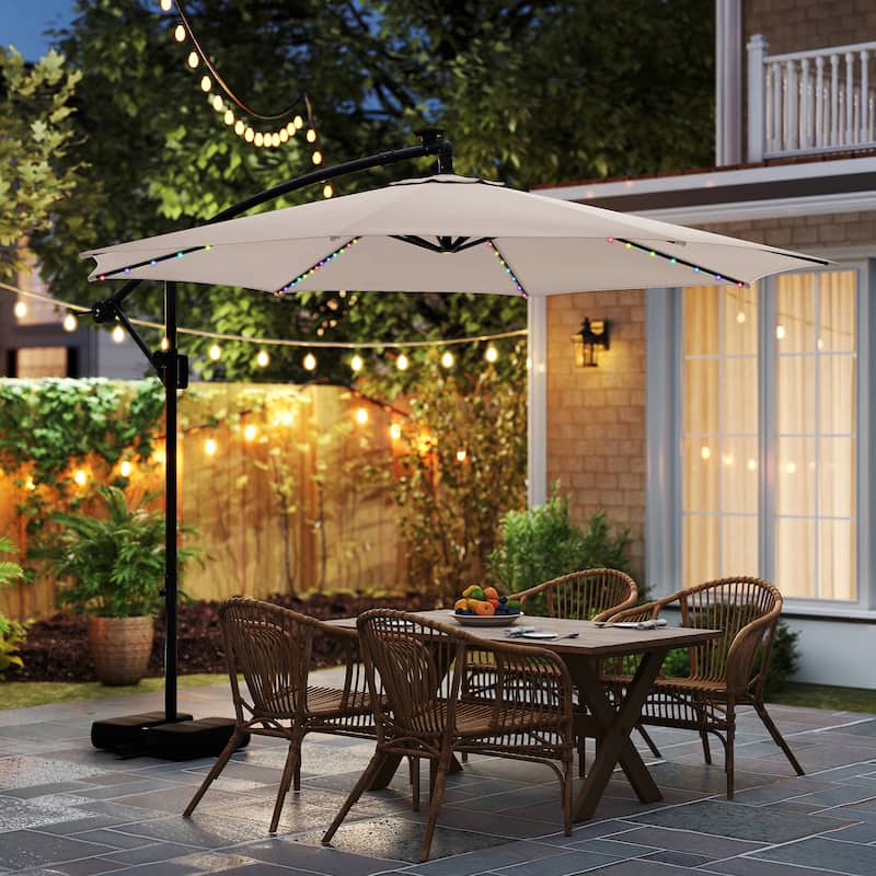 Costway 10 FT Solar Offset Hanging Umbrella with Base Patio Cantilever