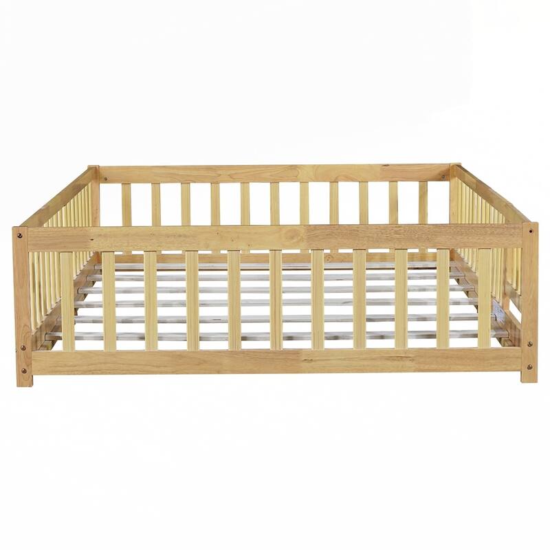 Rubber Wood Floor Bed with Safety Guardrails