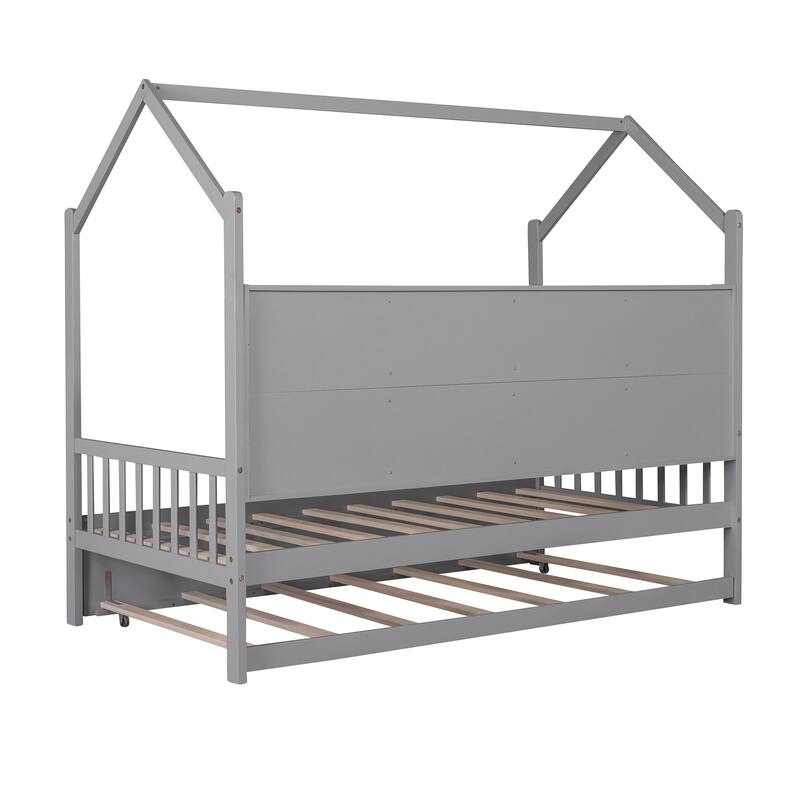 Pine Kids House Platform Bed with Trundle, Shelf, and Roof