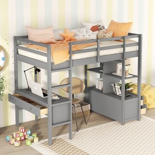 Full Size Loft Bed with Wood Shelves and Built-in Desk