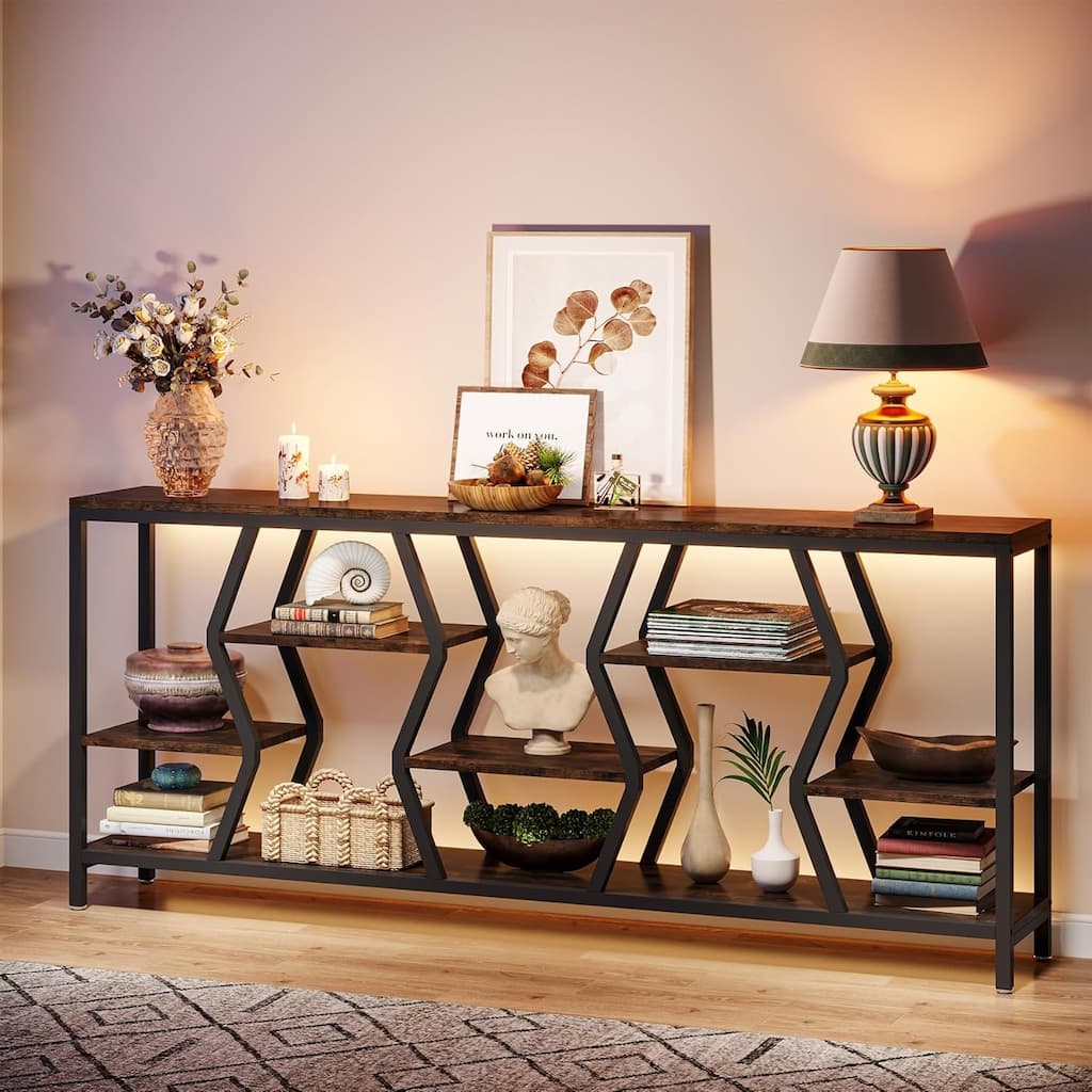70.9" Rustic Brown Industrial Console Table, 4-Tier Storage Shelves for Entryway, Living Room, Foyer