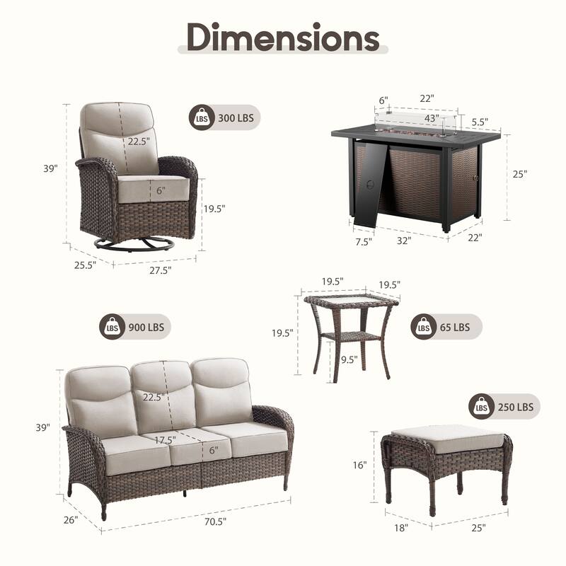 Luna 7-Piece Wicker Outdoor Patio Fire Pit Sofa Set with 6-Inch Thick Cushions