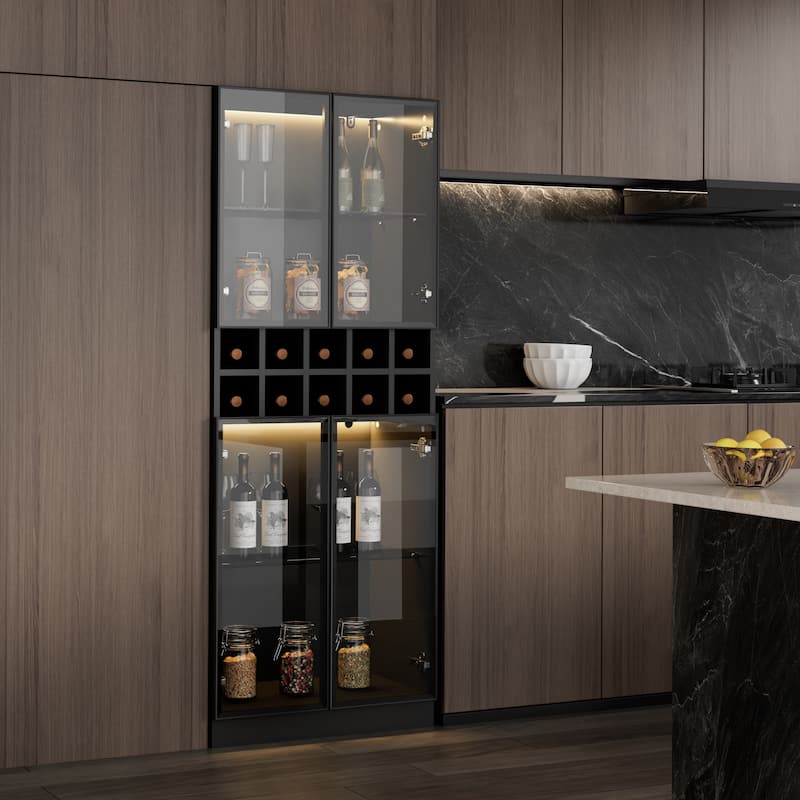 Bar Cabinet Wine Cabinet Rack Display Shelves with LED Lights - Black