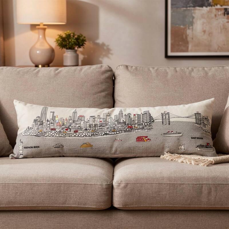 HomeRoots 46" White NYC Daylight Skyline Lumbar Decorative Pillow