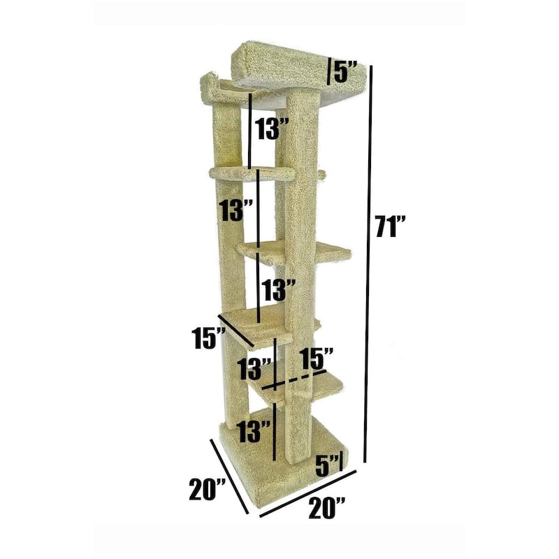 70" Tall Solid Wood Cat Tree Tower with Four Perches and Rope Scratching Posts for Large Cats
