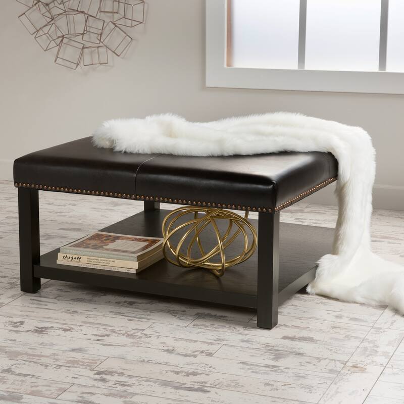 Roomfitters Faux Leather Square Coffee Table with Nailhead Trim and Open Storage Shelf, Upholstered Centerpiece, Brown - Brown