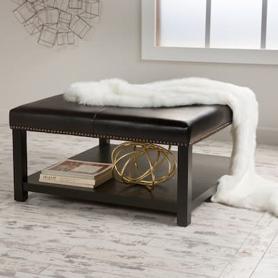 Roomfitters Faux Leather Square Coffee Table with Nailhead Trim and Open Storage Shelf, Upholstered Centerpiece, Brown