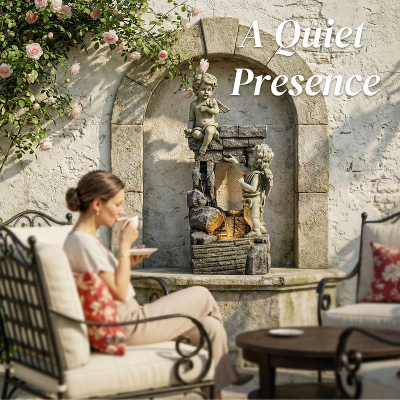 Angel Style Tiered Water Fountain with Water Curtain and LED Lights for Patio Decor