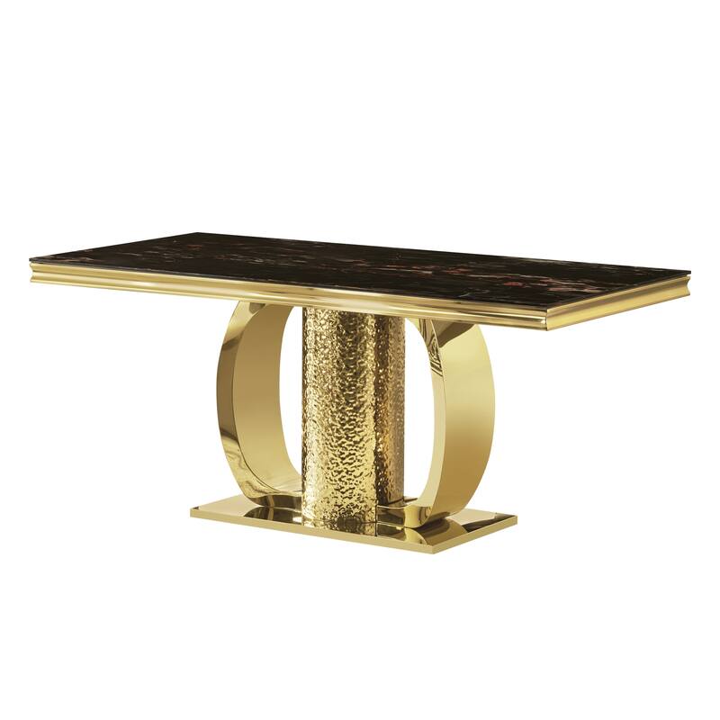 Gold stainless steel dining table 70.08 inch black tempered glass top with sticker