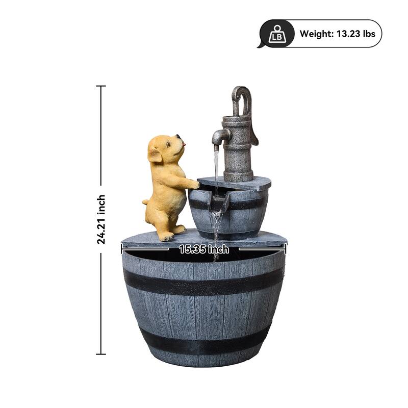 Farmhouse Tiered Outdoor Fountain – Faucet and Puppy Design, Weather Resistant Polyresin