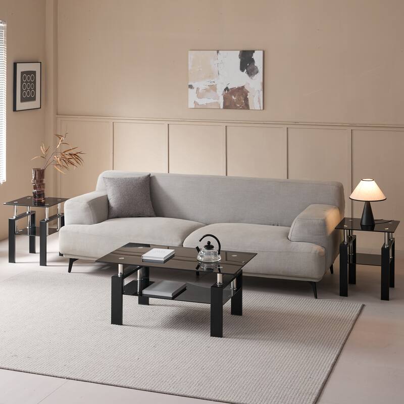 Tempered Glass Coffee Table Dining Table with Open Shelf, 2-Layer End Table Office Table with Sleek Waterfall Edges