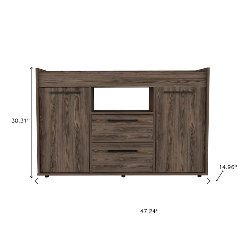 HomeRoots 47" Walnut Wood Two Drawer Sideboard with Two Doors - 47.24 in. x 30.31 in. x 14.96 in.