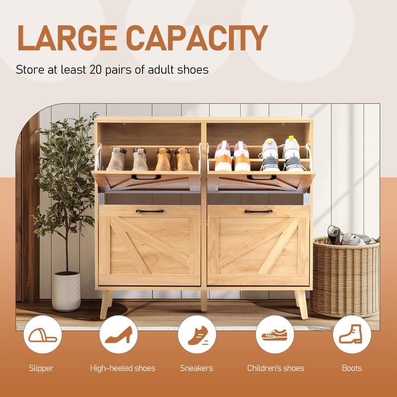 Barn Door 4 Flip Black Handles Melamine Particleboard Shoe Cabinet 41.7In