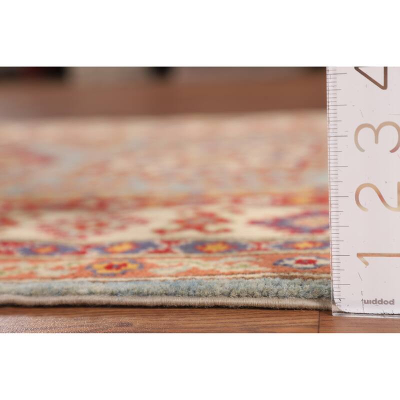 Geometric Kazak Accent Rug Handmade Blue Wool Carpet - 3'5" x 4'10"