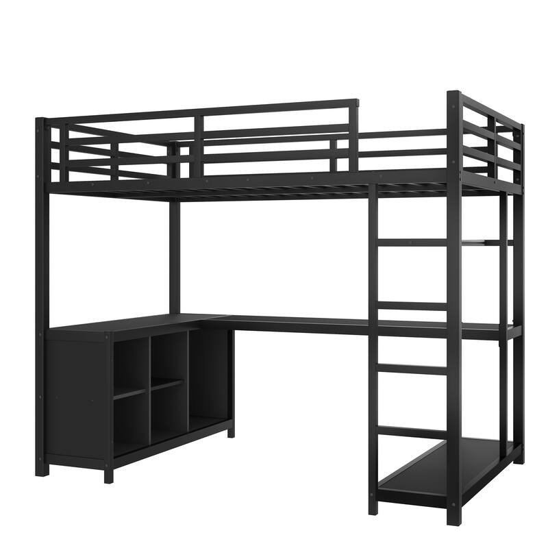 Roomfitters Metal Loft Bed with Wardrobe and L-Shaped Desk, Storage Shelves, Black