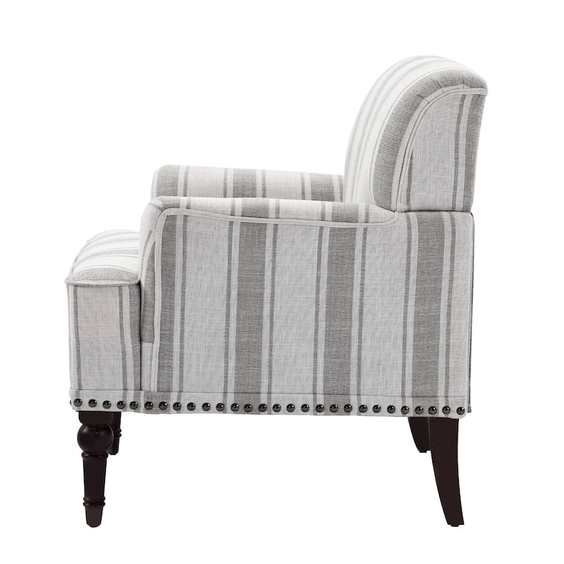 Set 2 Striped Upholstered Linen Armchair with Brass Nailhead Trim