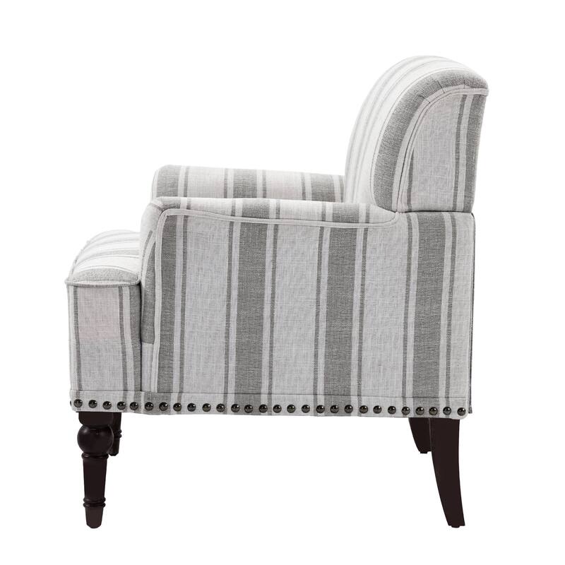 Striped Upholstered Linen Armchair with Brass Nailhead Trim