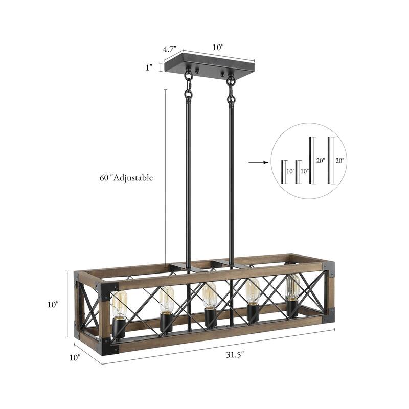 Farmhouse 5-Light Rectangle Wood Chandelier Rustic Island Lights for Dining Kitchen Island