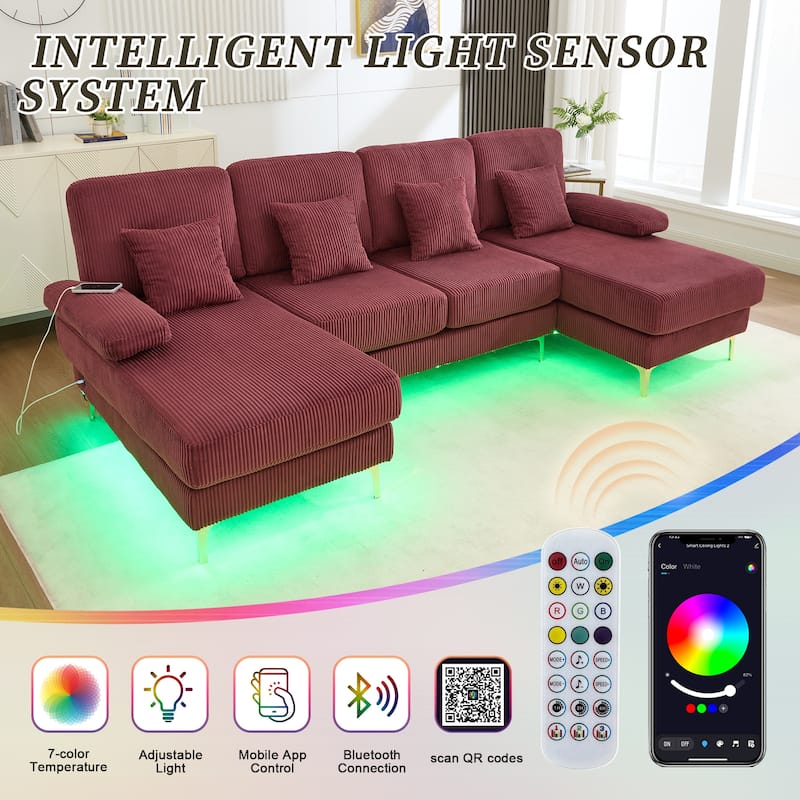 HOMEFUN Corduroy Upholstered U-shaped Adjustable Light Modular Sectional Sofa With Type-C and USB ports