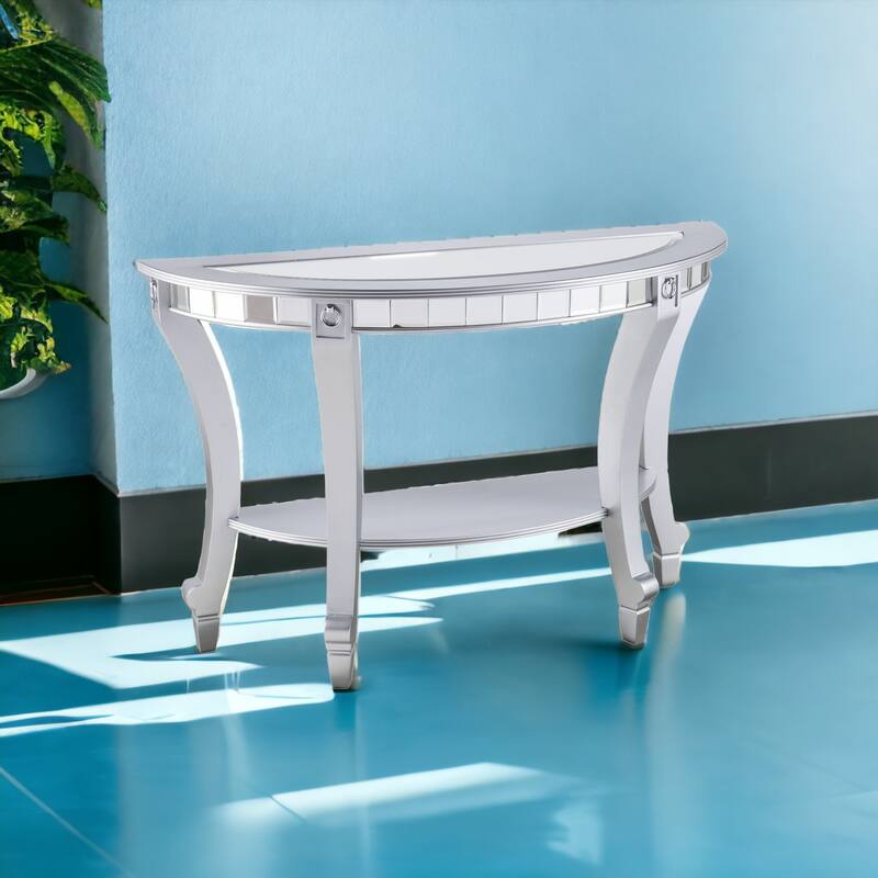 Silver Mirrored Glass Half Circle Console Table with Shelf and Wood Base - 46” L x 18” W x 30” H