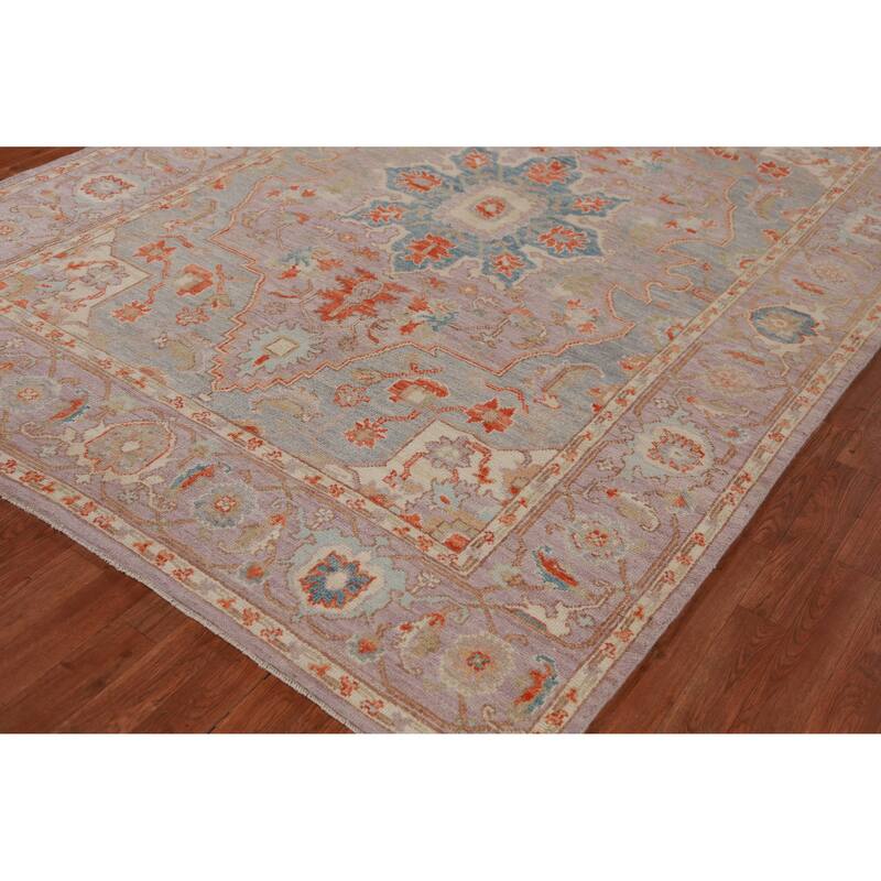 Hand Knotted Oriental 100% Wool Carpet Transitional Medallion Purples Oushak Area Rug - 9' 0'' X 6' 2''