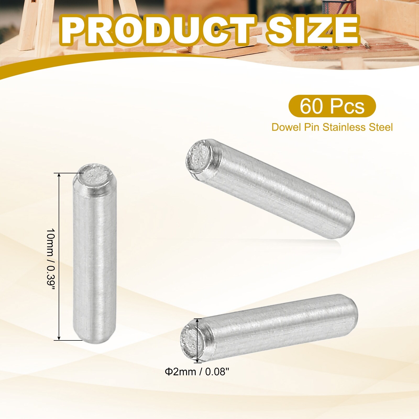 2mm x 10mm Dowel Pin 304 Stainless Steel 60 Pcs Metal Dowel for Shelves Silver