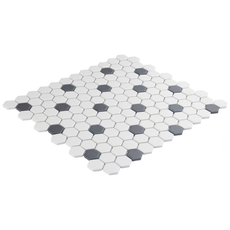 Merola Tile Gotham Hex Series Antique White and Black 10-1/4" x 11-7/8" Porcelain Mosaic Tile