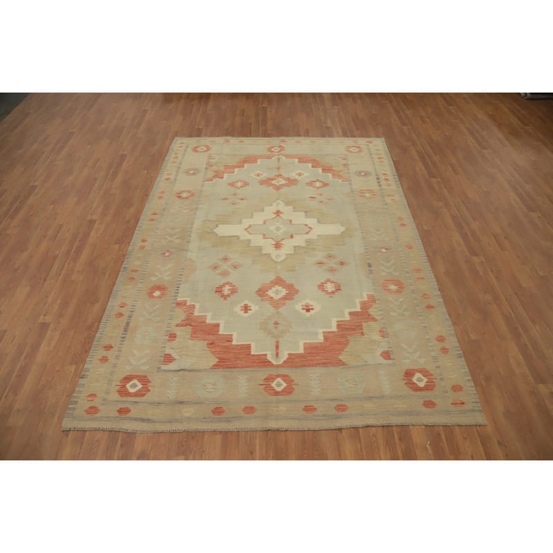 Hand Woven Oriental 100% Wool Carpet Southwestern Tribal Greys & Charcoal Kilim Area Rug - 9' 7'' X 6' 10''