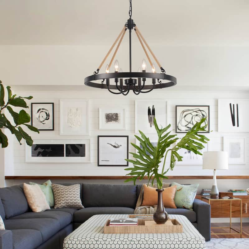 6 - Light Rustic Farmhouse Wagon Wheel Candle Style Chandelier for Living Room Bedroom Dinging Room