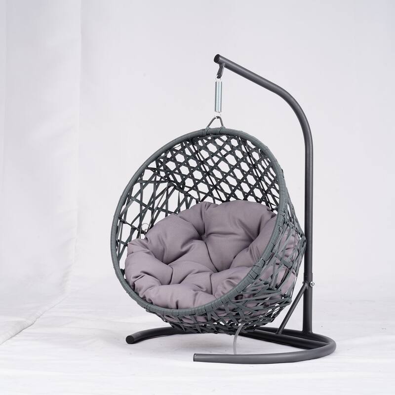 Cat Swing Bed w/Stand & Cushion, Rattan Wicker Egg Chair for Cats & Small Pets - Gray