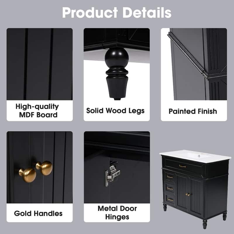 36" Bathroom Vanity with Sink,Drawers, Solid Frame and MDF Board