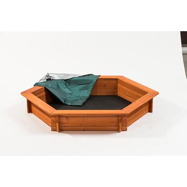 slide 1 of 1, Hexagon Wooden Cedar Sandbox w/Seat Boards, Cover & Ground Liner