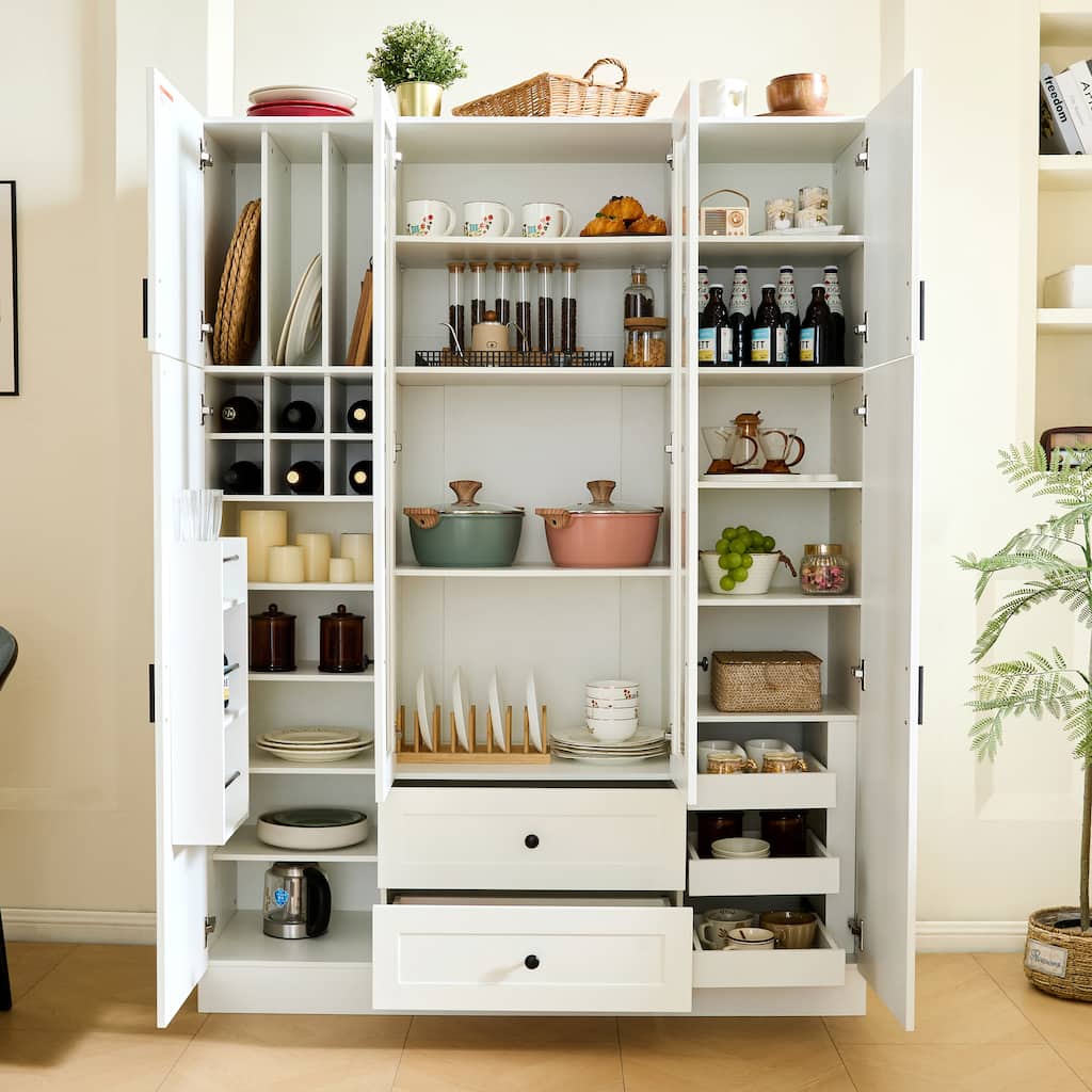 53" Modern Kitchen Pantry Cabinet with 6 Doors, Pull-Out Trays & Wine Rack
