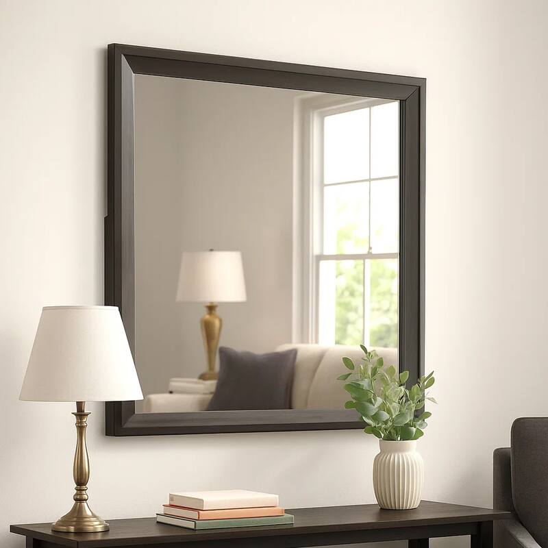 Fema Dresser Mirror, 35 Inch Bevel Edge Frame, Brown Wood