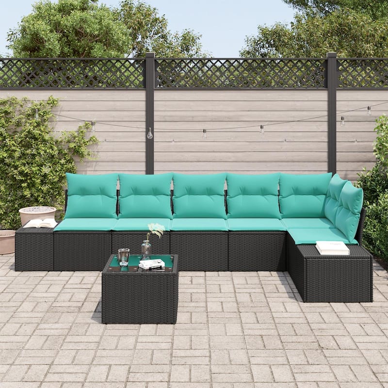 vidaXL 7 Garden Sofa Set with Cushions Black Poly Rattan - 125.6 x 60.6 x 27.2