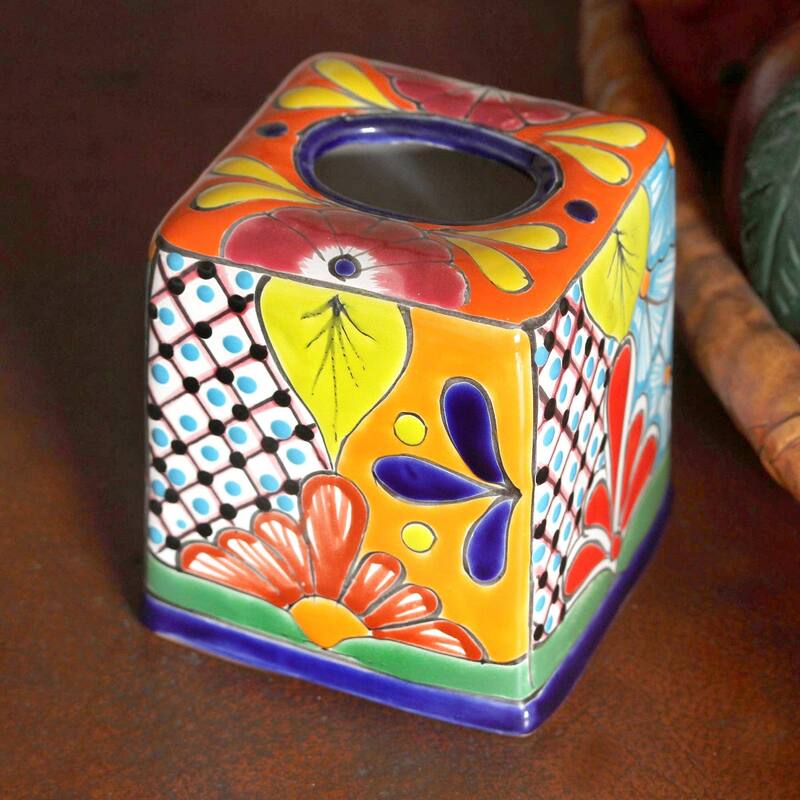 Handmade Folk Art Convenience Ceramic Tissue Box Cover (Mexico) - 6" H x 5.75" W x 5.5" D