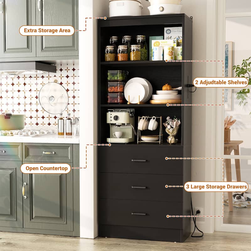 6-Tier 23.6'' Display Cabinet with Charging Station and Drawers, Bookcase Storage Shelf Kitchen Pantry