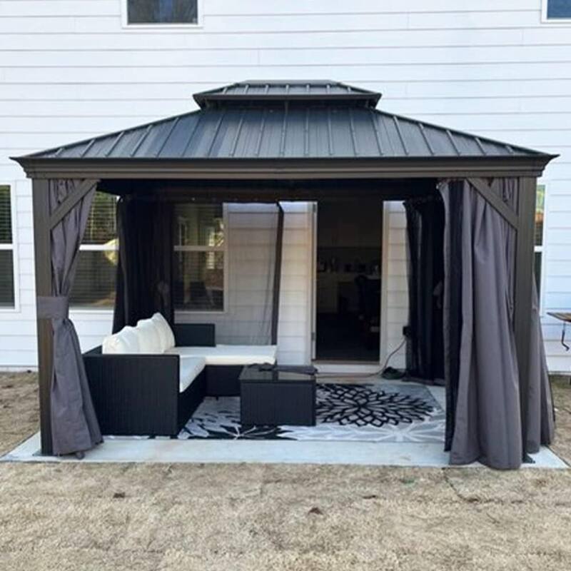 PURPLE LEAF Outdoor Galvanized Steel Hardtop Gazebo, Aluminum Frame Gazebo With Curtains