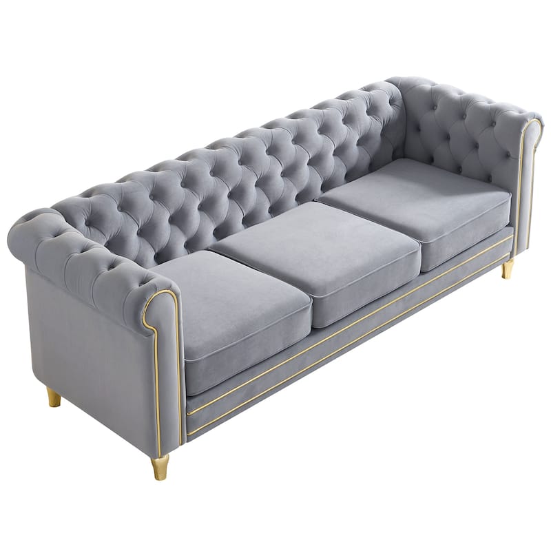 Chesterfield Velvet Sofa 84.65 Inch For Living Room Light Grey Color