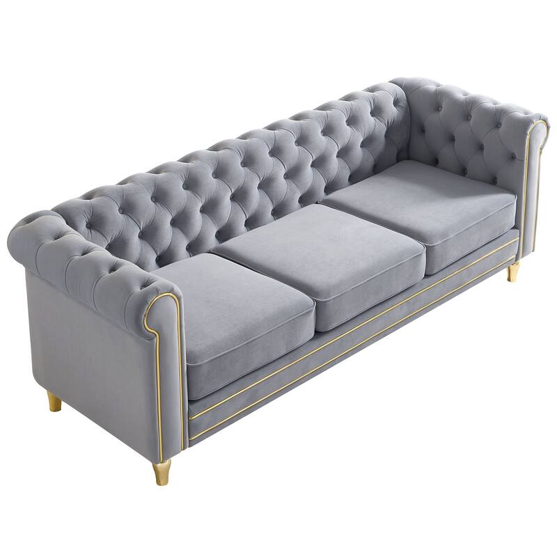 Chesterfield Velvet Sofa with Golden Decorative Strip for Living Room