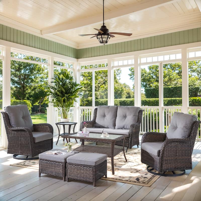 Outdoor Glider Sofa Swivel Chair and Ottomans - Grey cushion - Brown - Grey - Brown