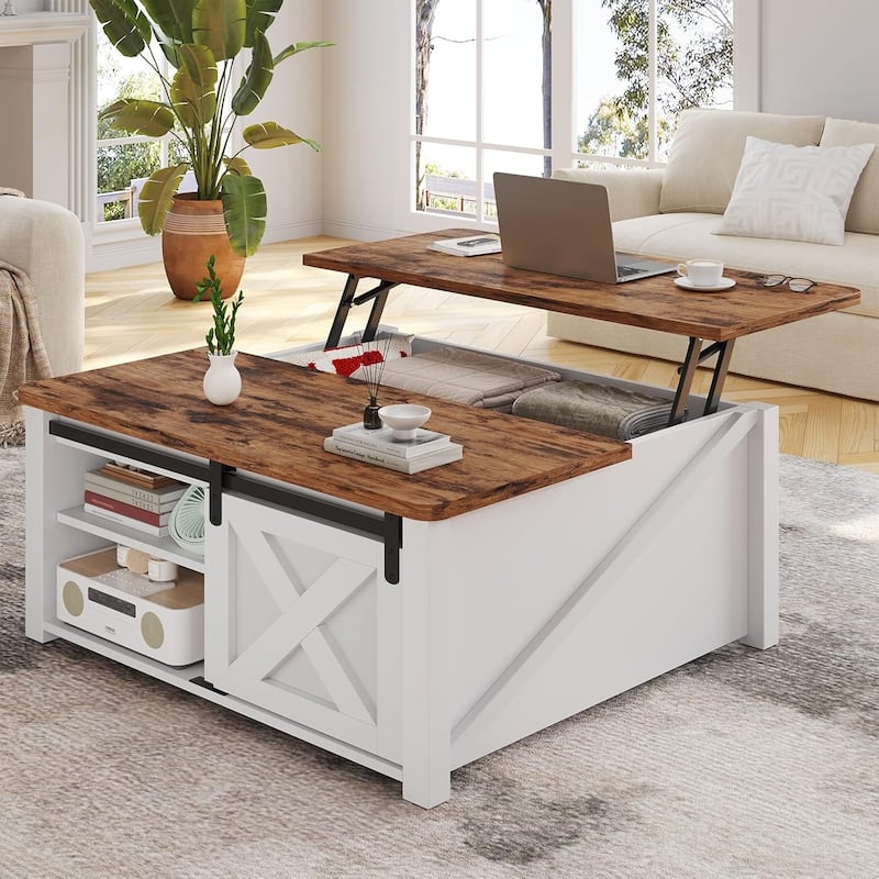 Coffee Table Lift Top Square Center Table Barn Door Adjustable Shelves