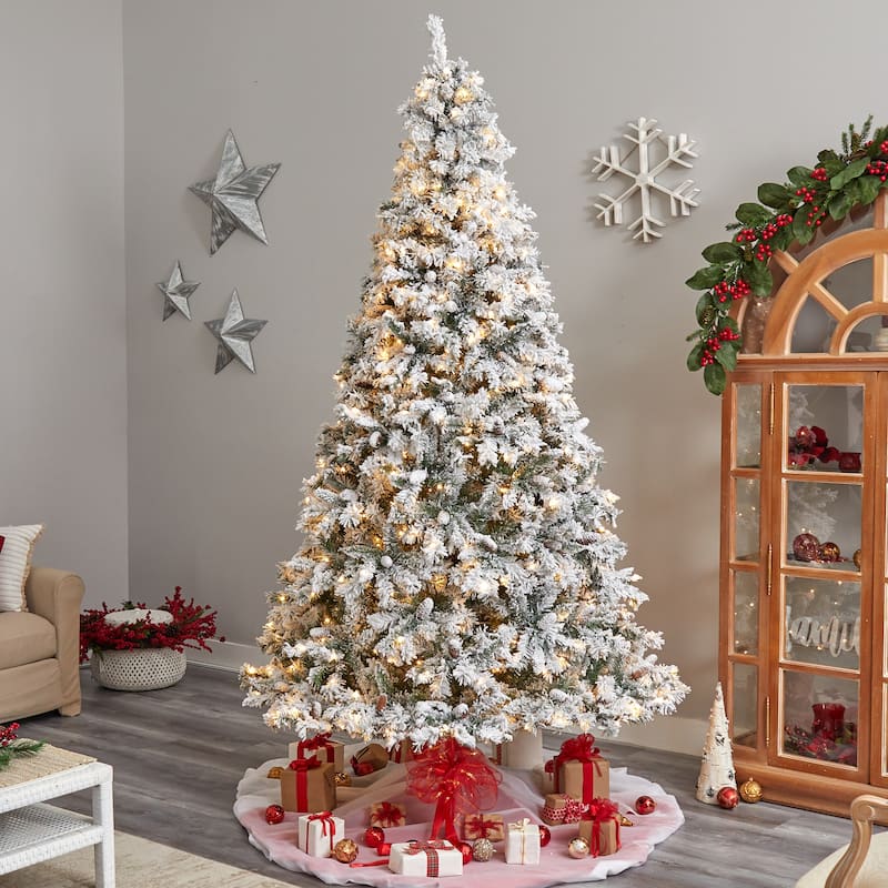 9' Pre-Lit Flocked White River Mountain Artificial Christmas Tree, Clear LED Lights - 9 Foot