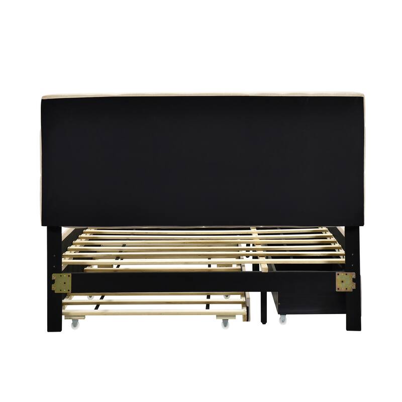 Queen Size Linen Upholstered Platform Bed with Twin XL Trundle and 2 Drawers Wood Storage Bed Frame with LED & Tufted Headboard