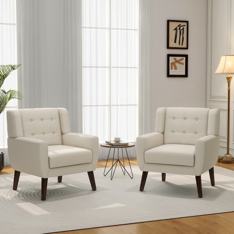 Set of 2 Modern Accent Chair Cotton Linen Upholstered Armchair for Living Room - Tufted - White