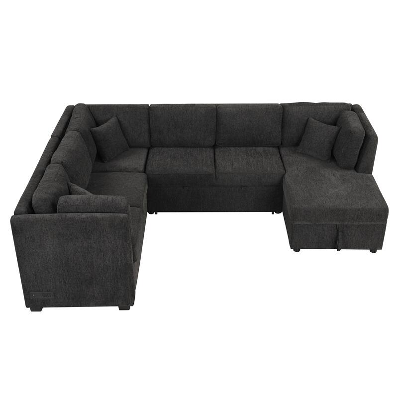 108.6" U-shaped Sectional Sofa Pull out Sofa Bed with Two USB Ports, Two Power Sockets, Three Back Pillows and a Storage Chaise