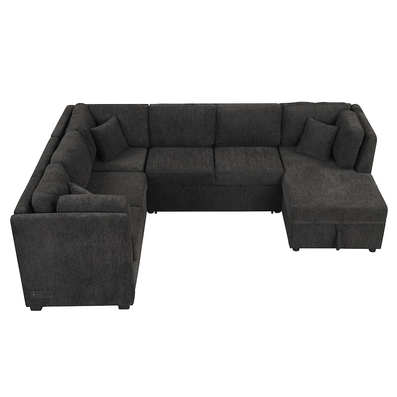 Roomfitters U-Shaped Sectional Sofa Pull-Out Bed with USB Ports, Power Sockets, Three Back Pillows, and Storage Chaise