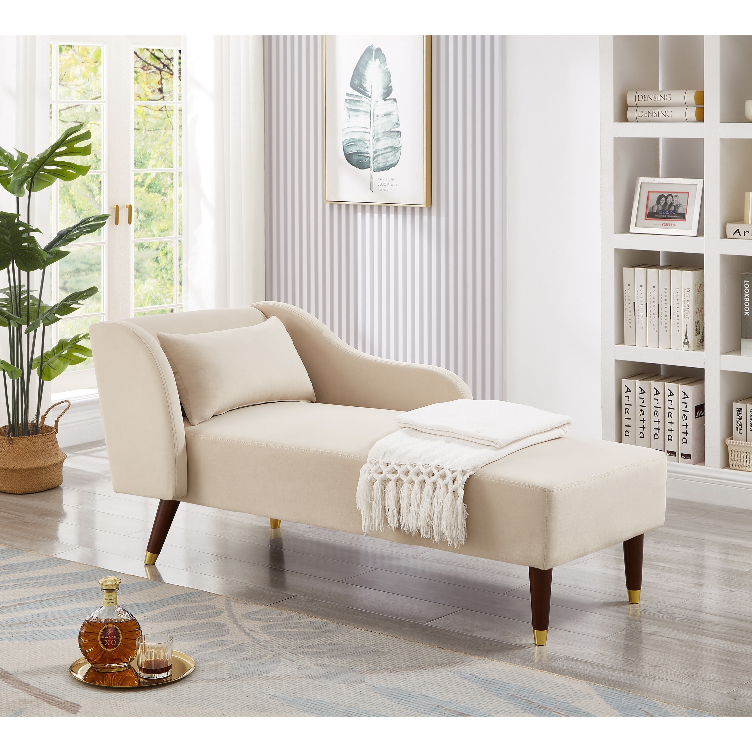 GDFStudio - Velvet Chaise Lounge with Removable Pillow and Gold-Trimmed Wooden Legs