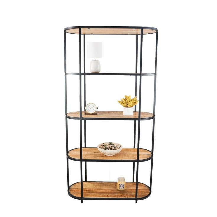 5-Tier Open Storage Wide Industrial Bookshelf Solid Mango Wood
