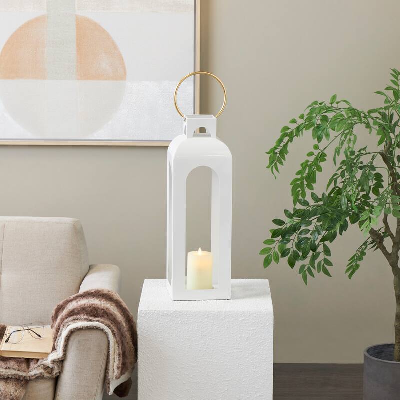 White Metal Tall Arched Cutout Candle Lantern with Gold Handle - White - 7"W, 27"H